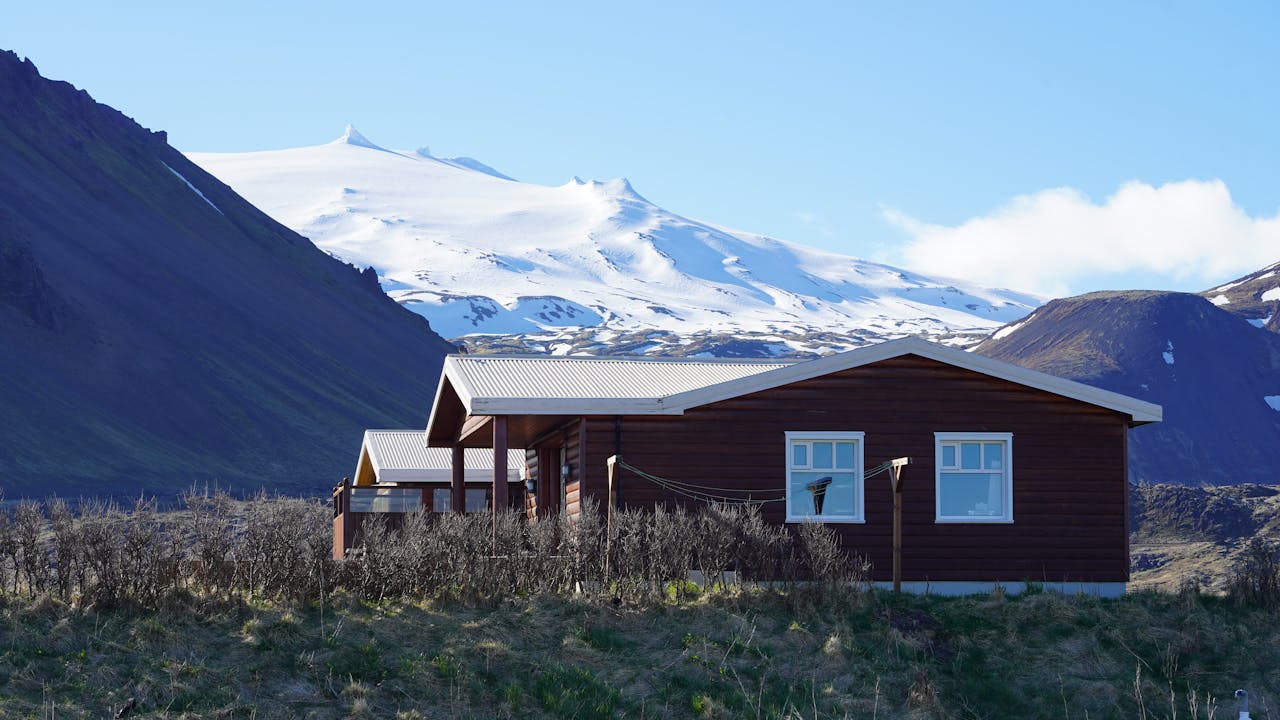 Scenic wooden house with metal roof 